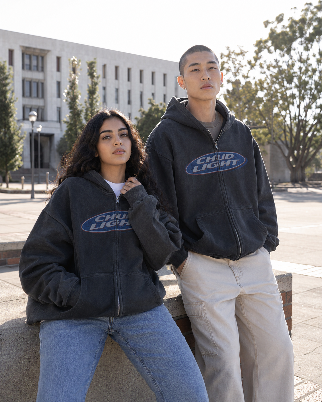 Two models wearing the Chud Light Hoodie outdoors